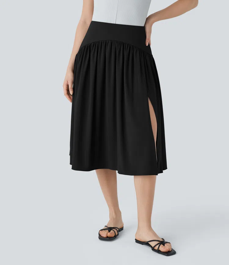 High Waisted Plicated Split Flowy Quick Dry Midi Resort Skirt