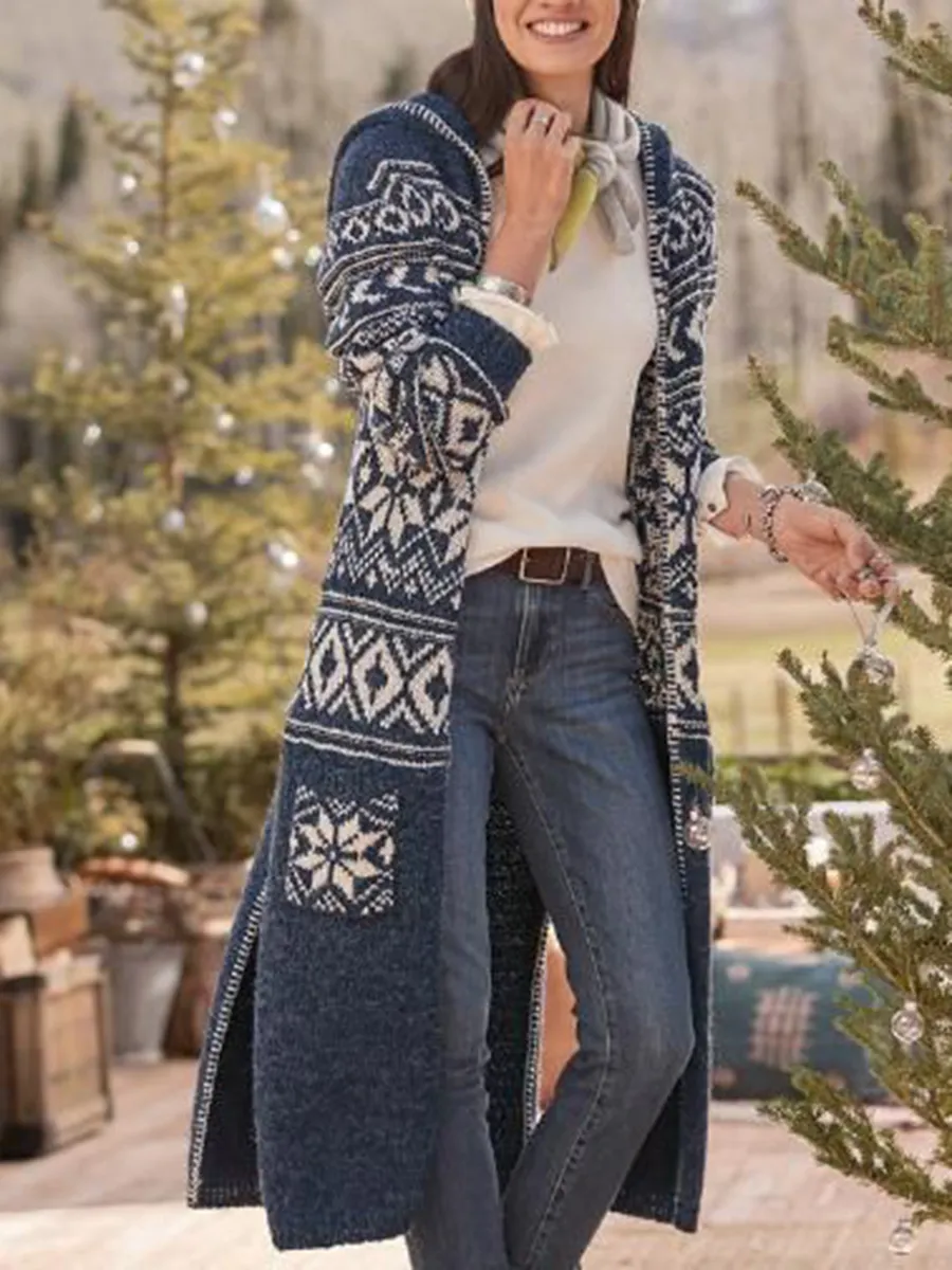 Women's vintage printed long knitted cardigan