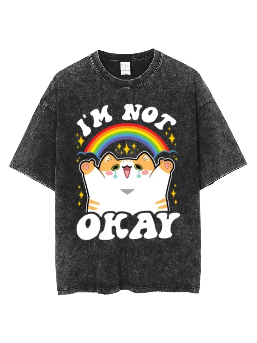 IM NOT OKAY UNISEX OVERSIZED PRINT VINTAGE WASH DENIM T-SHIRT