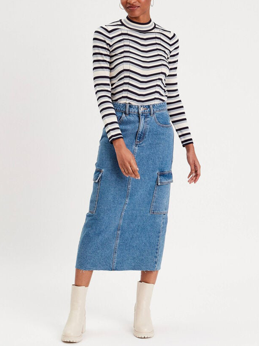 Jupe midi droite en jean denim stone femme