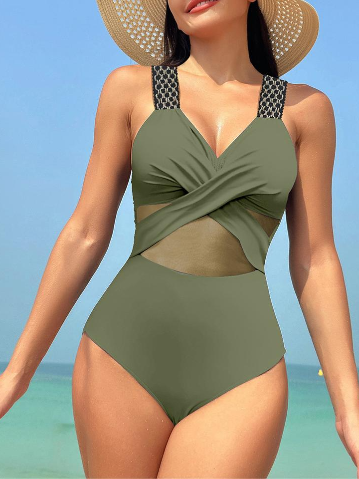 One-piece swimsuit for women solid color mesh bikini swimsuit