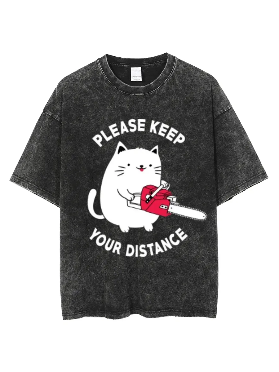 PLEASE KEEP YOUR DISTANCE UNISEX PRINTED RETRO WASHED SHORT SLEEVED T-SHIRT