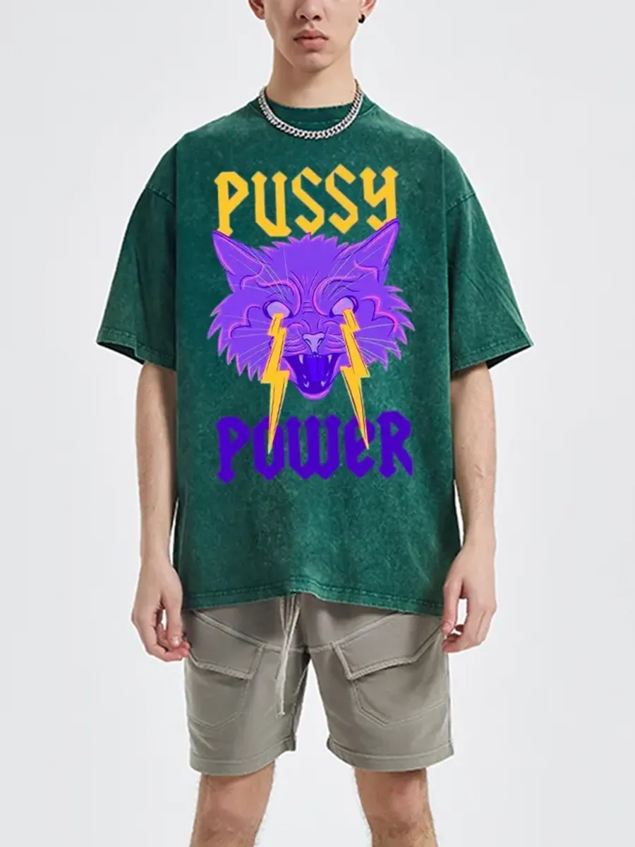 PUSSY POWER UNISEX OVERSIZED PRINT VINTAGE WASH DENIM T-SHIRT