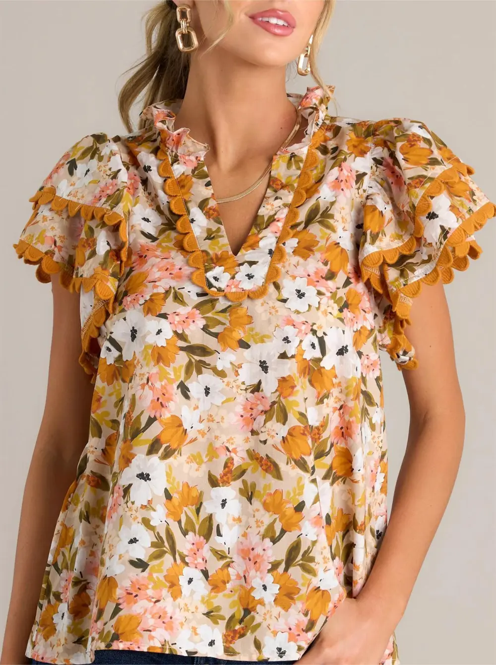 GARDEN SERENITY 100% COTTON HONEY YELLOW FLORAL TOP