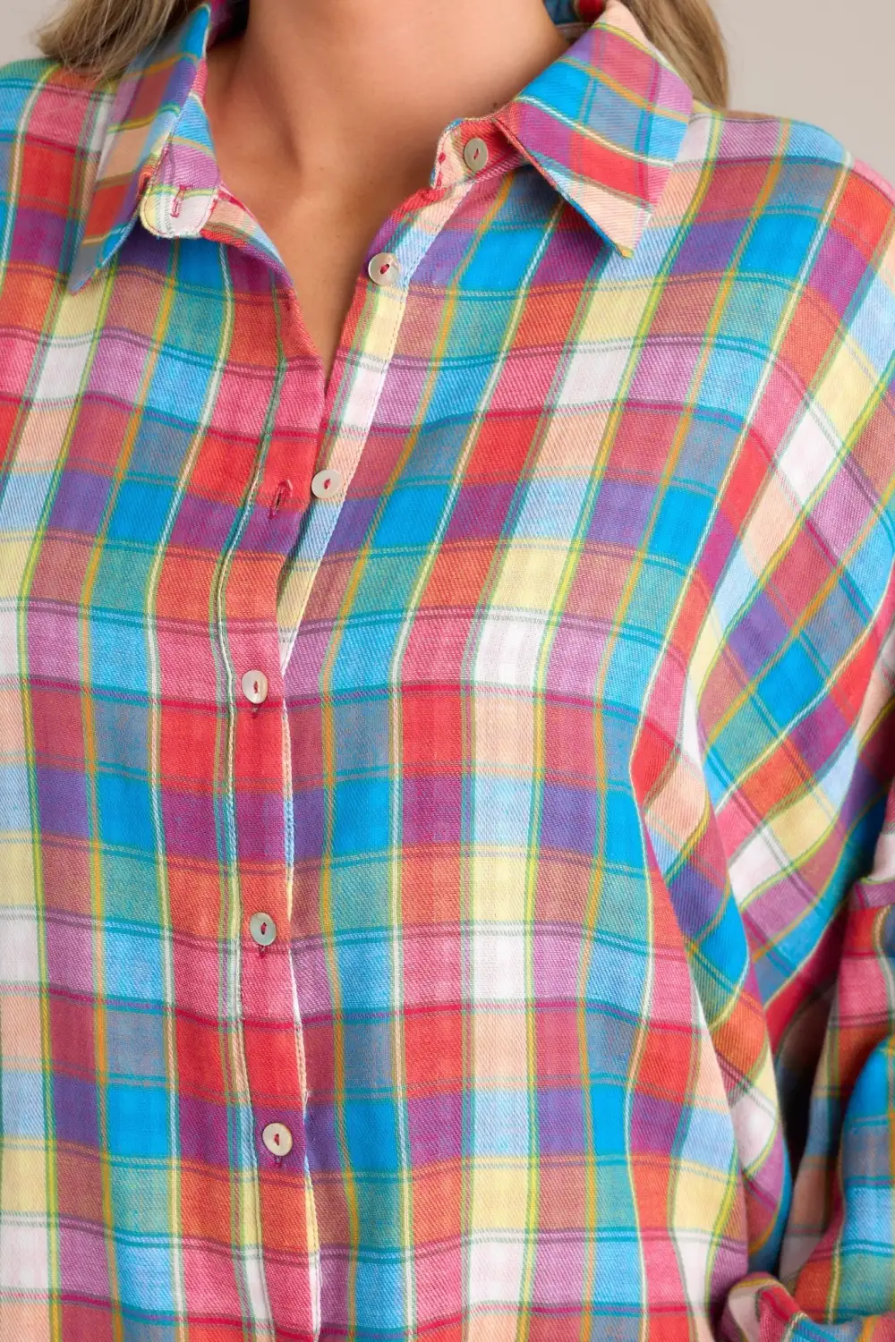 DOESN'T ADD UP BLUE MULTI PLAID TOP