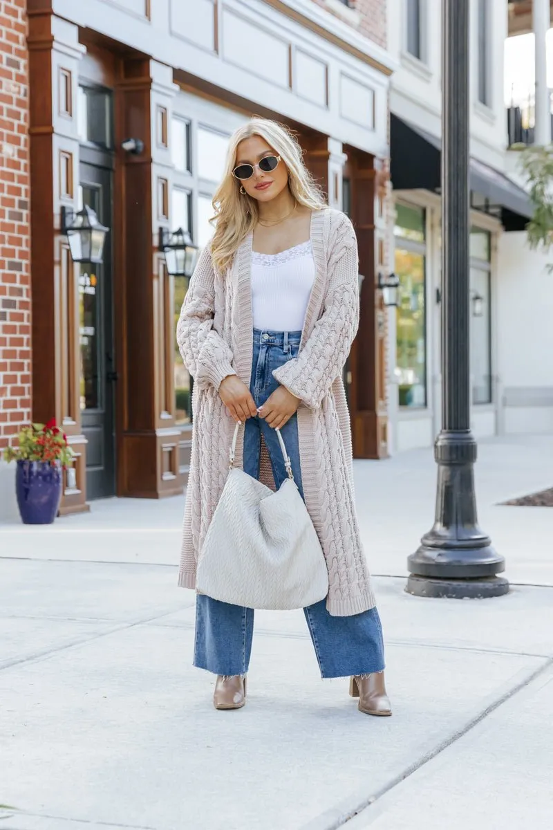 Chunky Cable Knit Duster Cardigan - Light Beige