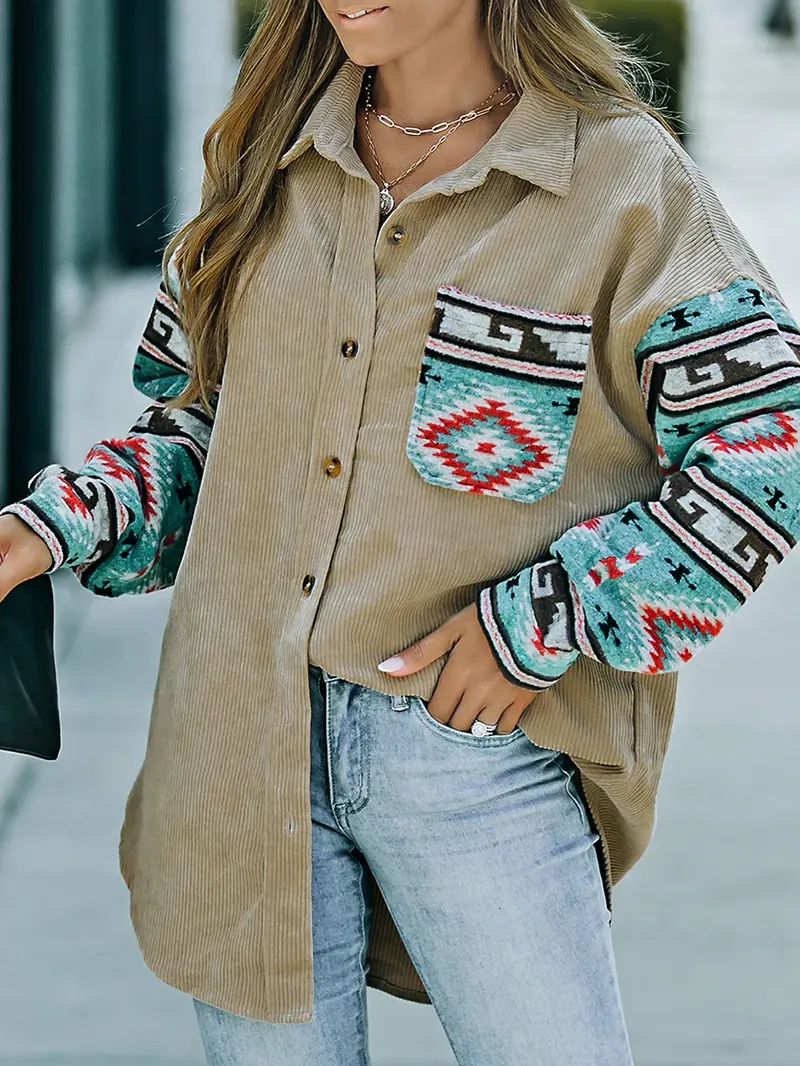 Casual retro printed patchwork corduroy jacket