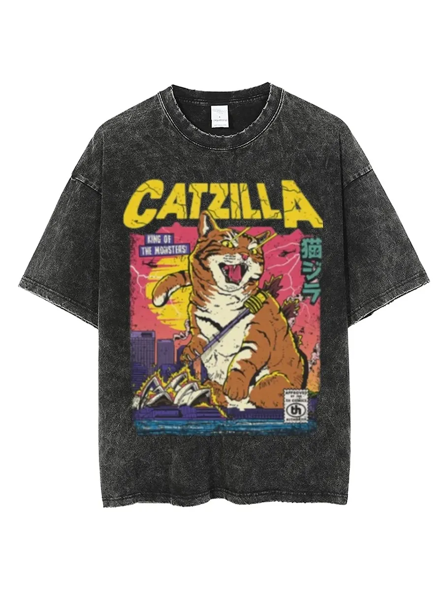 CATZILLA RETRO TITAN UNISEX VINTAGE SOLID WASH DENIM T-SHIRTS