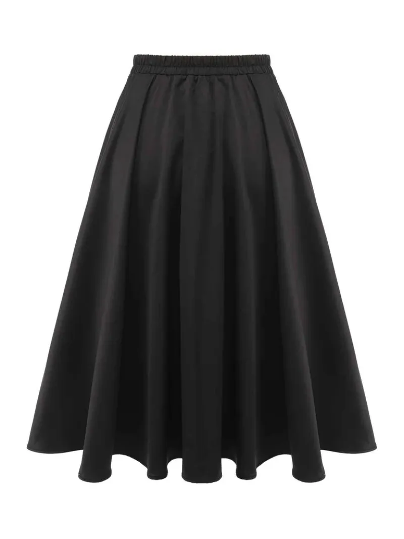 BLACK 1950S SOLID ELASTIC WAIST PLEATED SKIRT