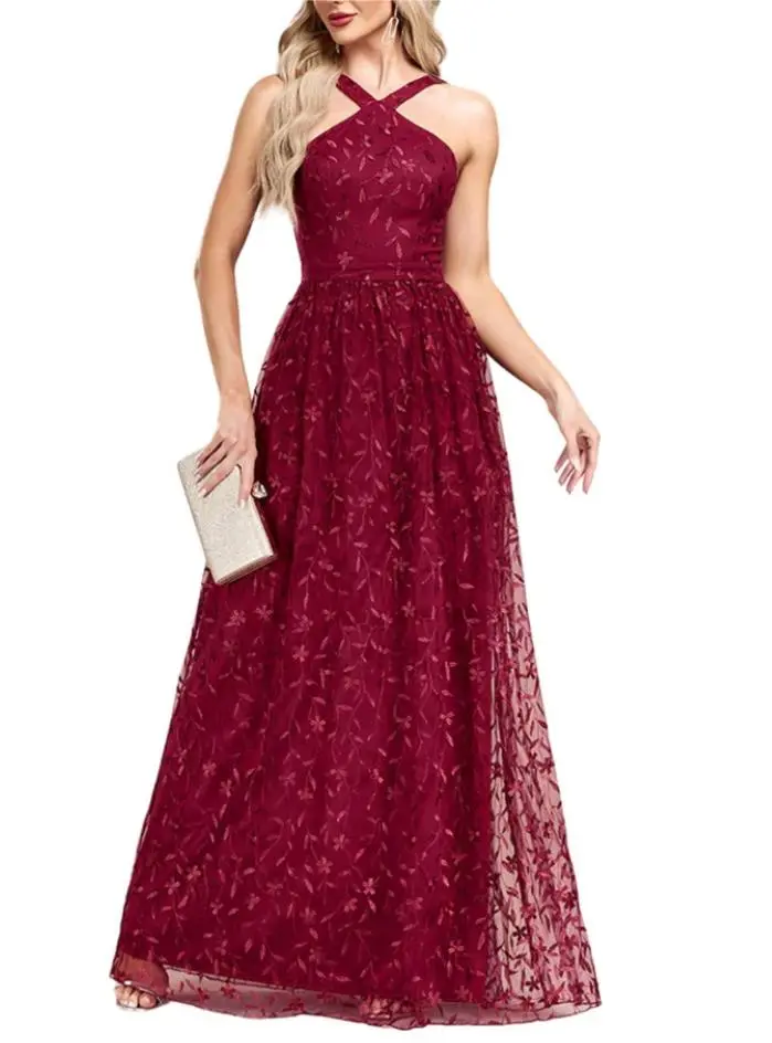 WINE RED 1920S EMBROIDERED MESH MAXI DRESS