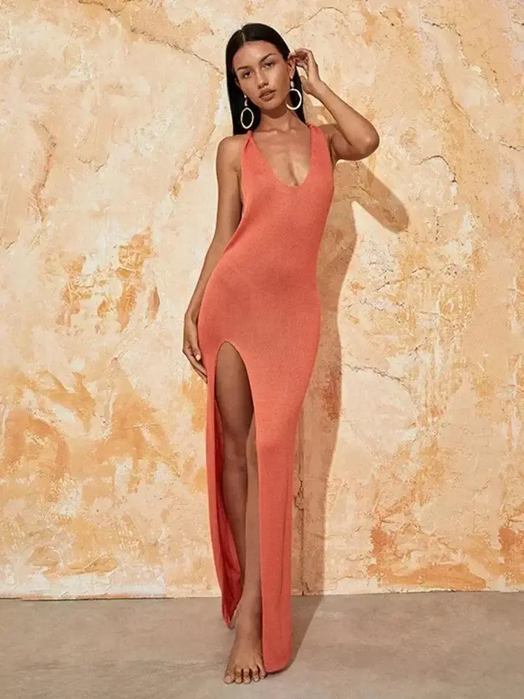 Knitted Orange Backless Slit Beach Maxi Dress