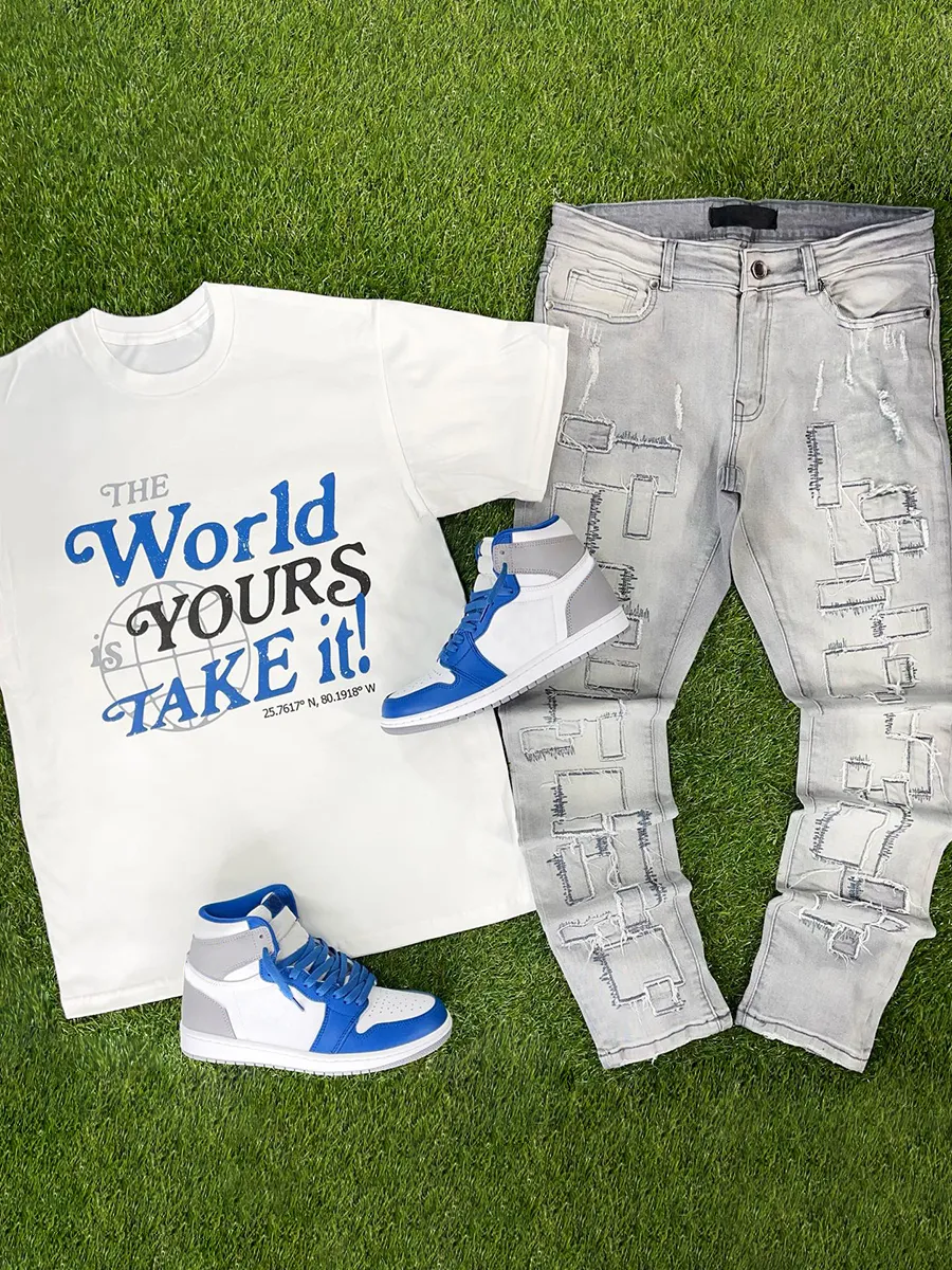 Travel the World T-Shirt Distressed Graphic Block Denim Two-piece Set