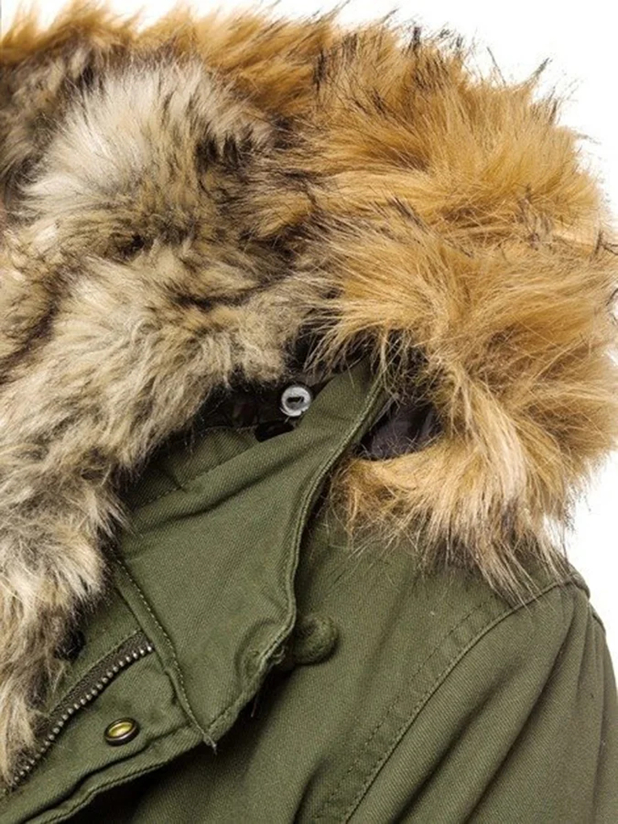 Men's Army Green Fur Collar Hooded Cotton Jacket