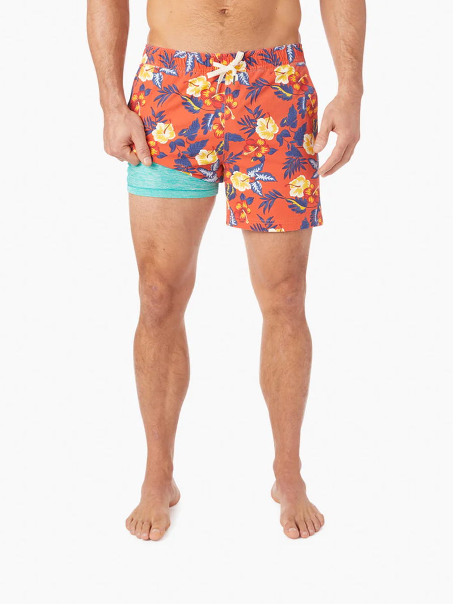 Men's Red Tropics Bungalow Trunk Beach Shorts