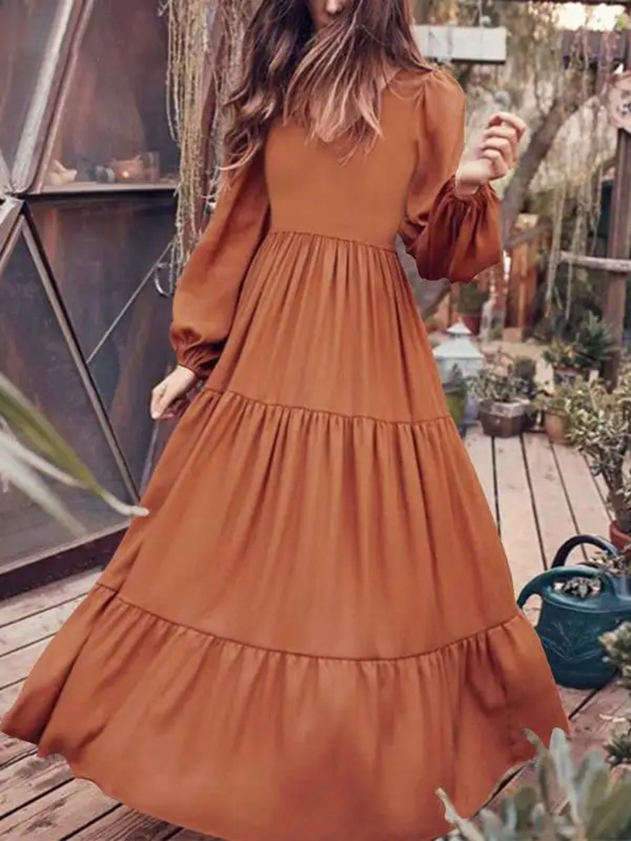 Women's Casual Swing V-neck Bubble Sleeve Long Pleated Dress