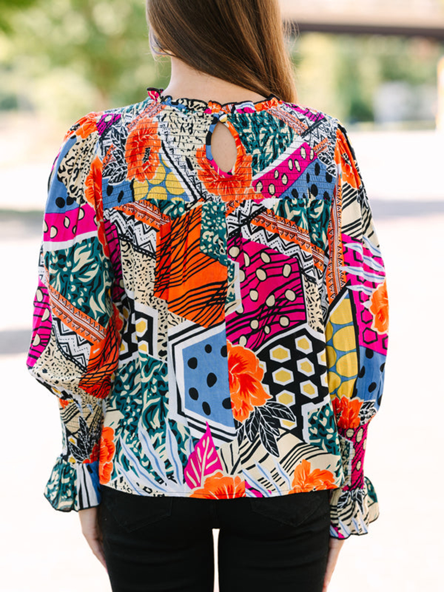 Women's long sleeve mixed print shirt