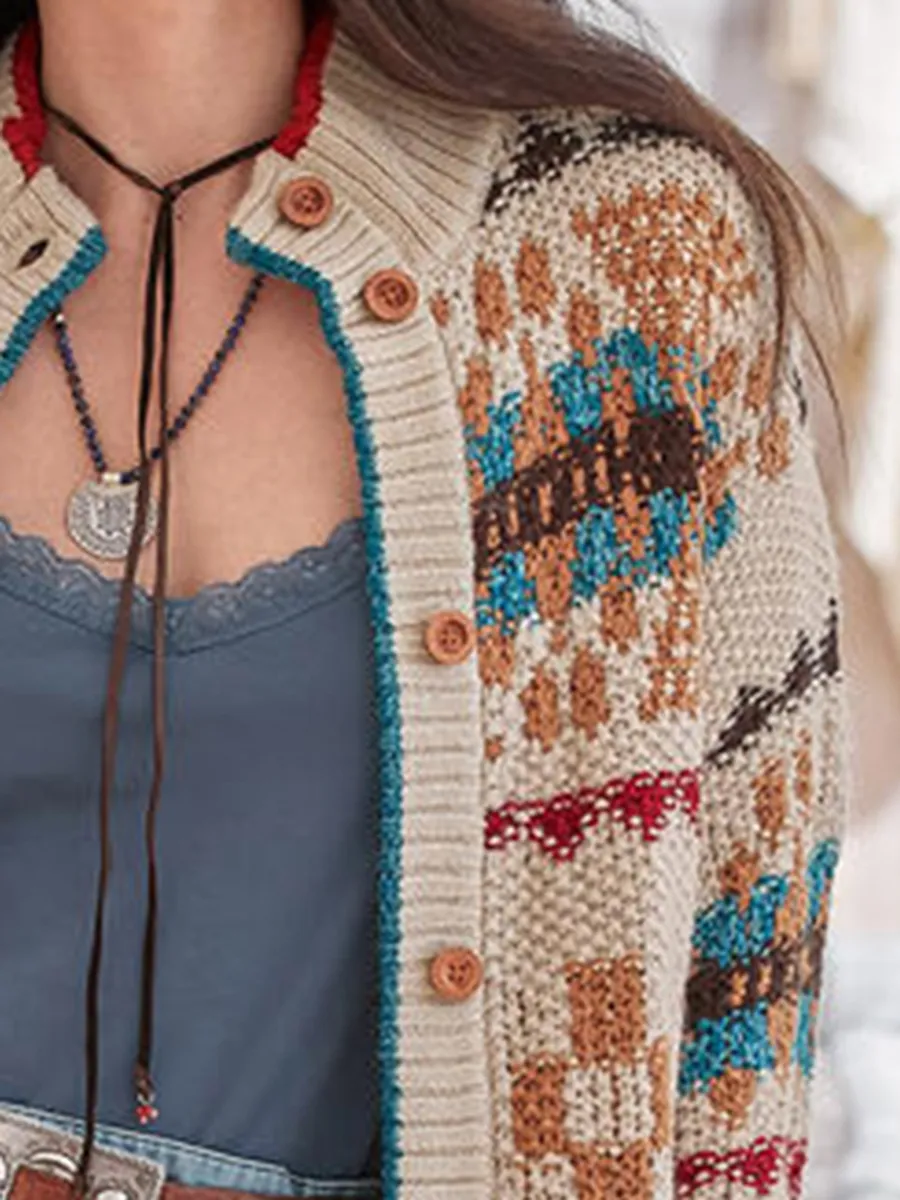 Retro contrast embroidered knitted cardigan