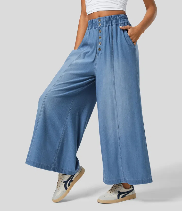 Mid Rise Button Side Pocket Draped Wide Leg Washed Stretchy Knit Casual Jeans