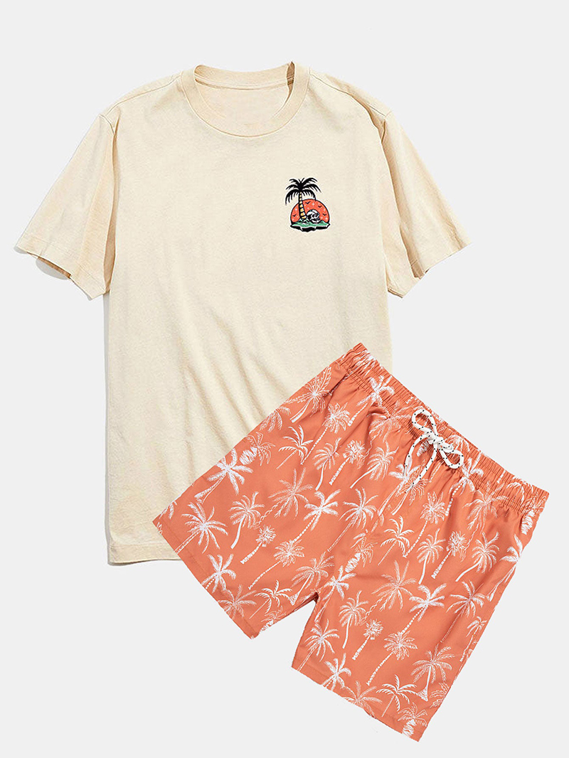 Skeleton On Vacation Graphic T-Shirts & Palm Tree Print Swim Shorts