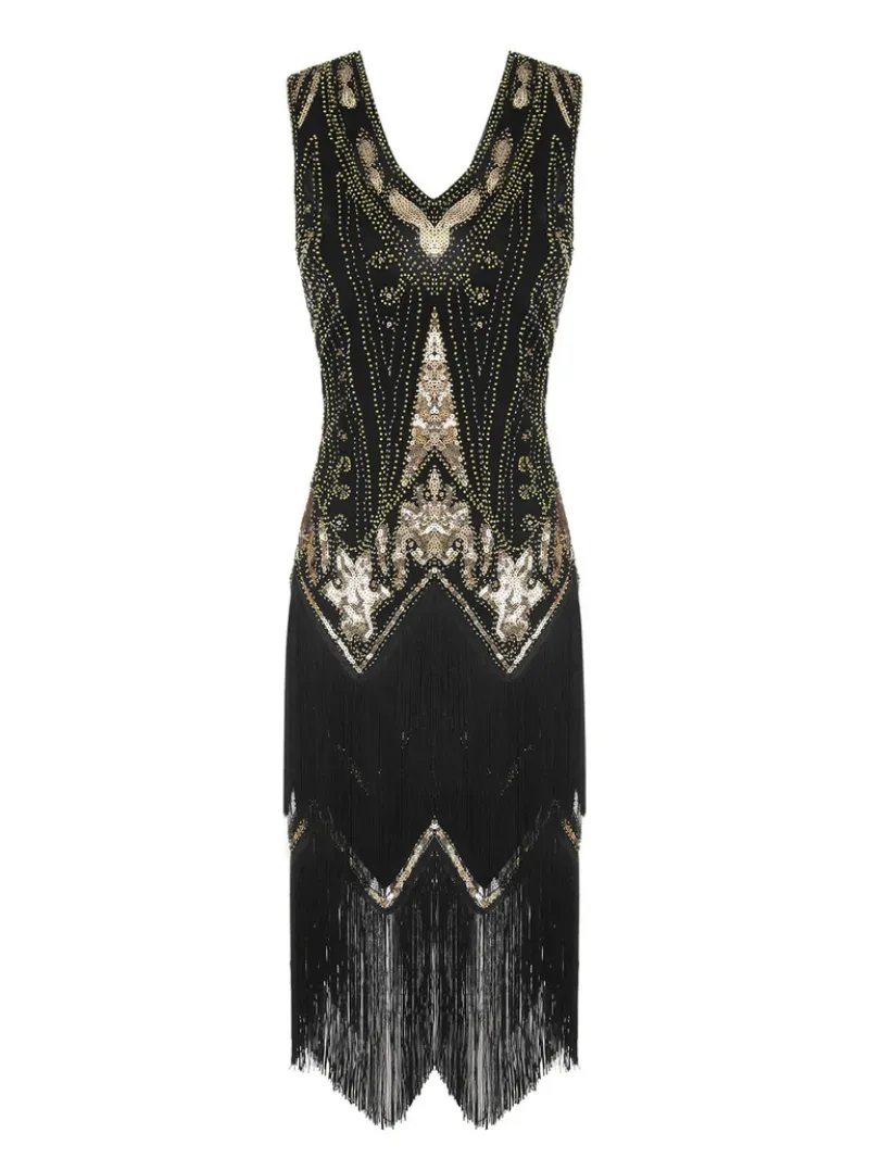 BLACK 1920S ONE-SHOULDER CAPED SEQUINED DRESS