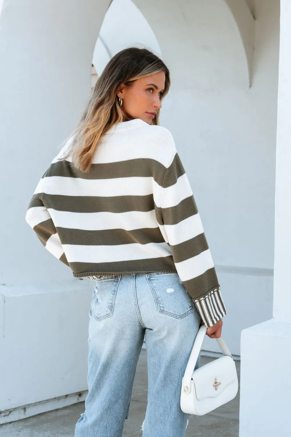 Cream and Olive Striped Pullover Sweater