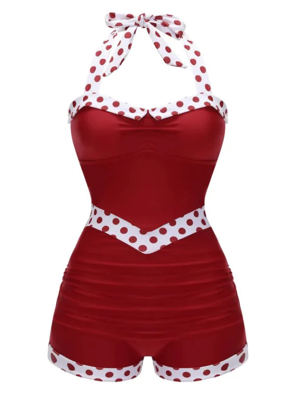 RED 1940S HALTER PATCHWORK ONE-PIECE SWIMSUIT