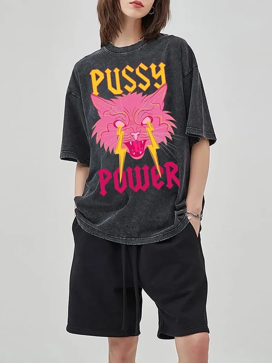 PUSSY POWER UNISEX VINTAGE SOLID WASH DENIM T-SHIRTS