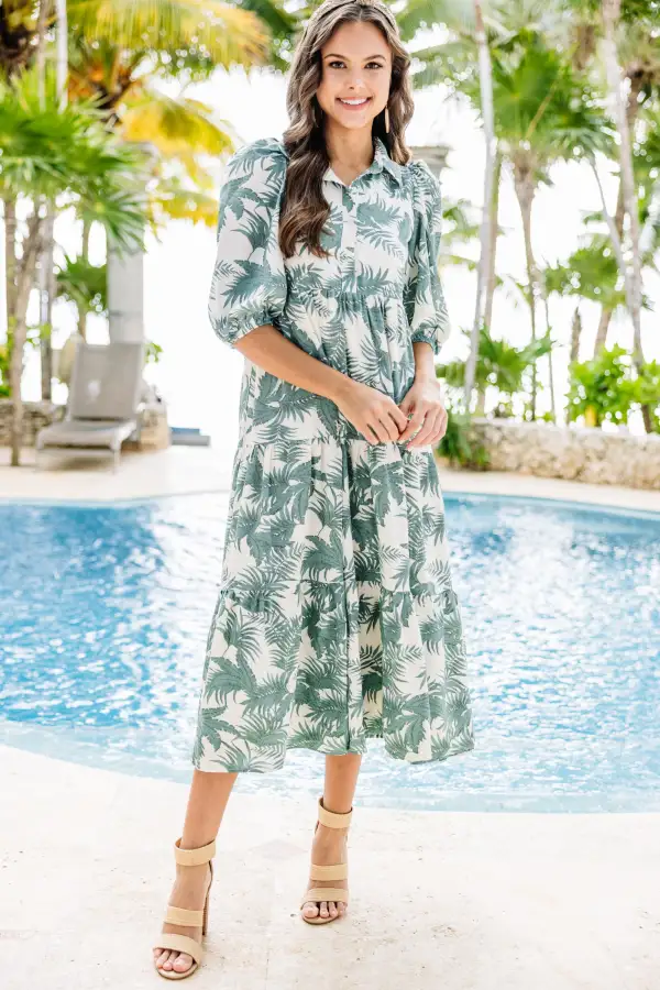 Paradise Found Green Palm Print Midi Dress