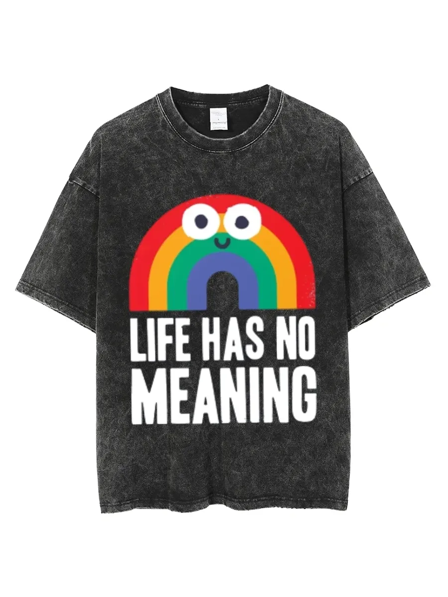 LIFE HAS NO MEANING UNISEX OVERSIZED PRINT VINTAGE WASH DENIM T-SHIRT