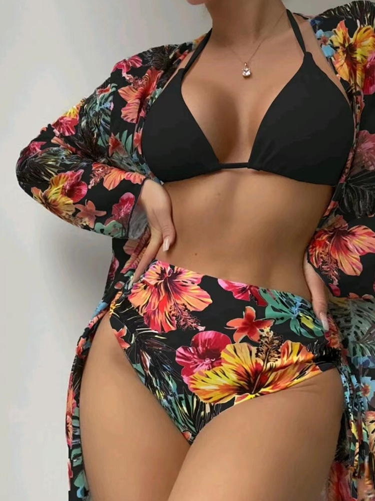 Bikini Print Print High Waist Briefs Long Cover Up Swimsuit