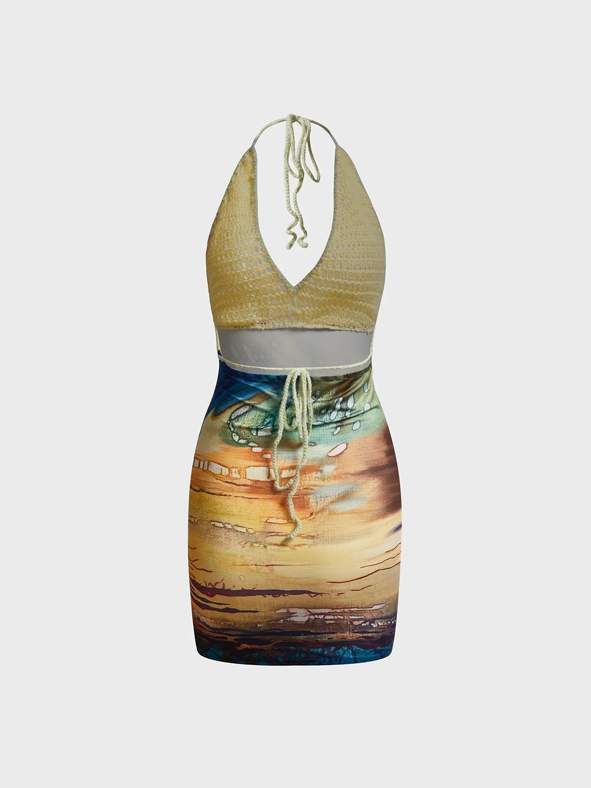 Patchwork Backless Spaghetti Ombre Sleeveless Short Dress