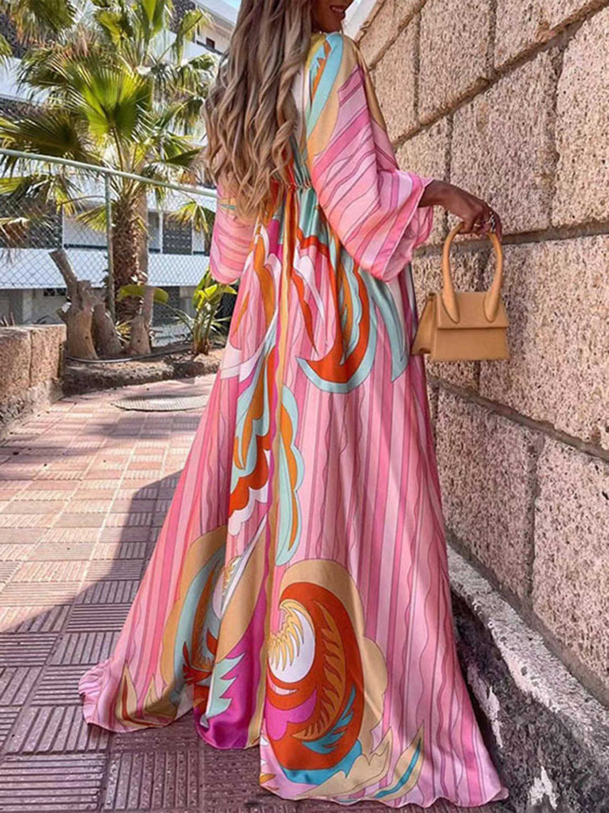 Holiday Style V Neck Slim Fit Printed Long Dress