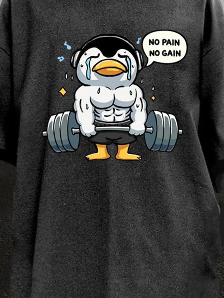 NO PAIN NO GAIN WORKOUT PENGUIN WASHED GYM SHIRT