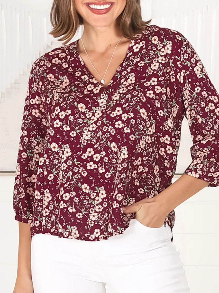 Burgundy short sleeve Bohemian floral shirt