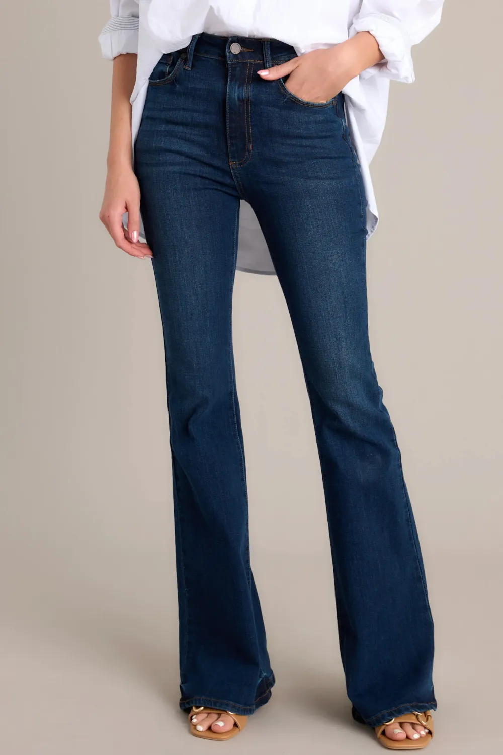 OH REALLY MID RISE DARK WASH FLARE JEANS