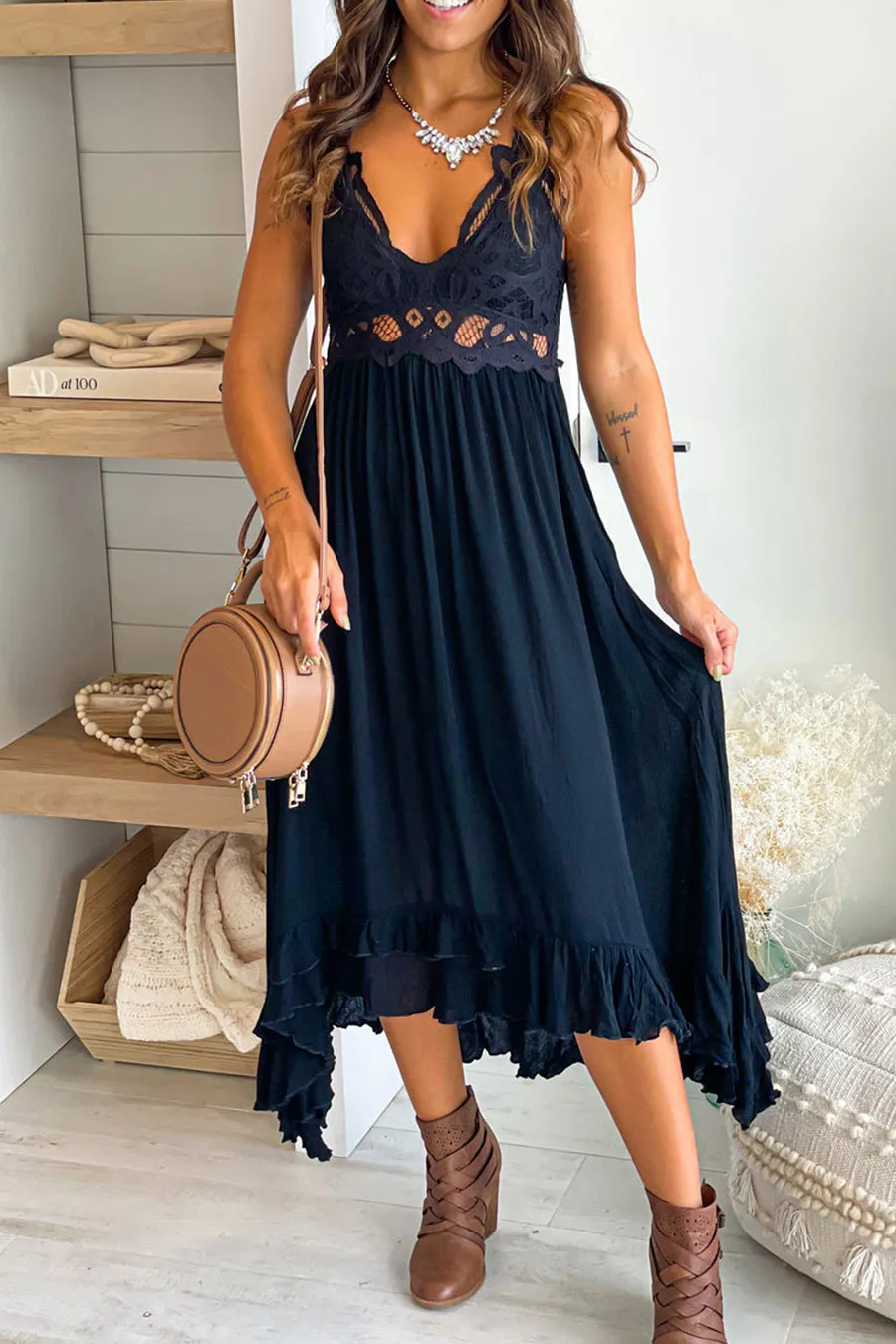 Black Crochet Top High Low Dress