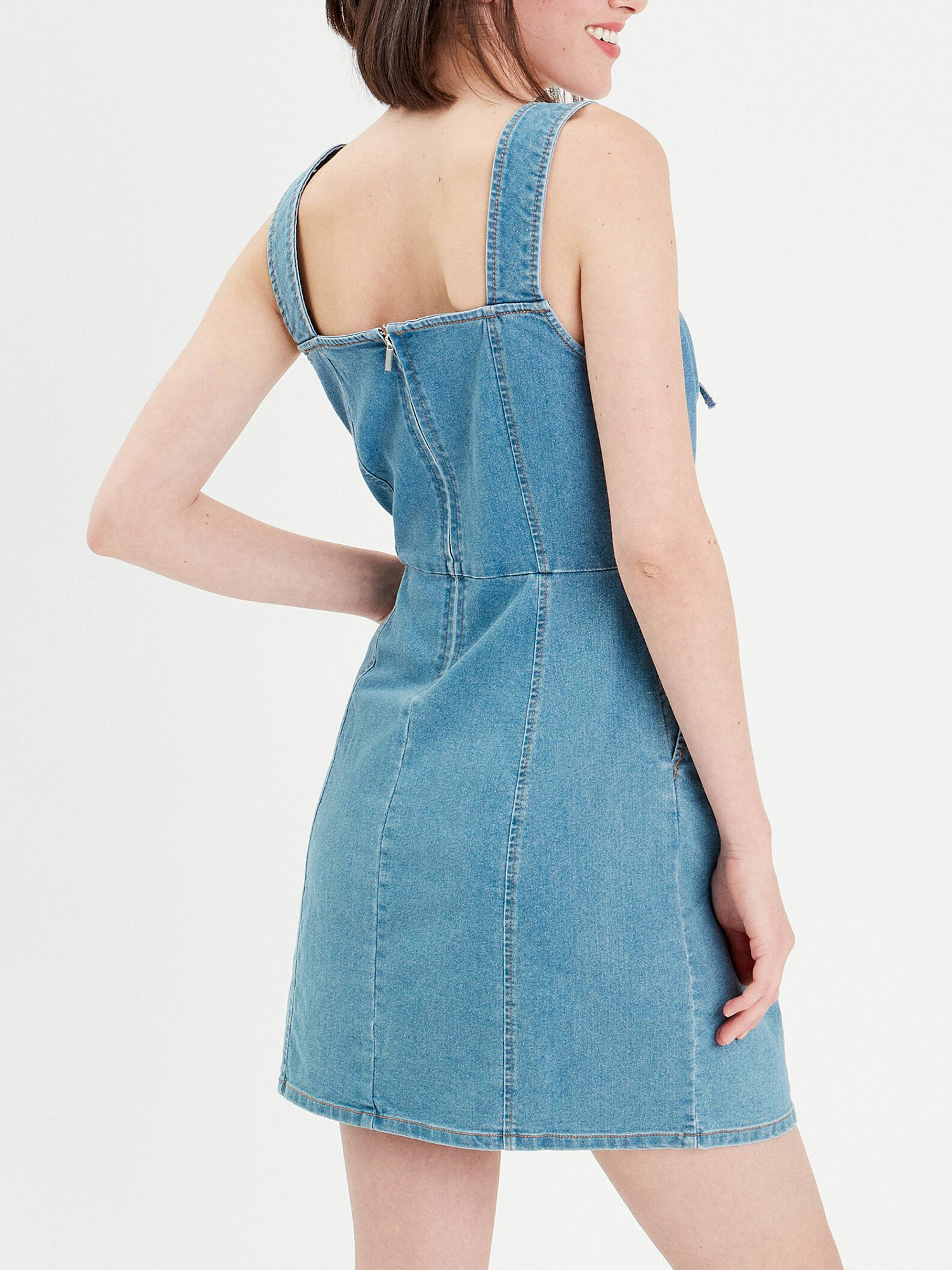 Robe droite en jean col laçage denim bleach femme