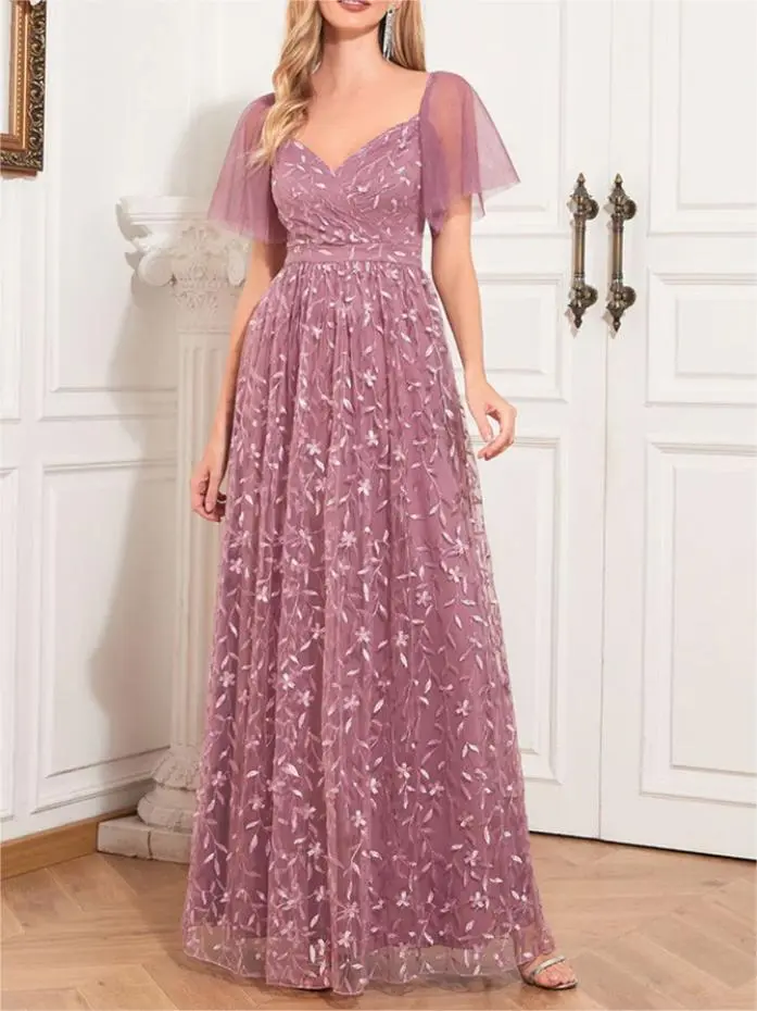 1920S SOLID SWEETHEART NECKLINE EMBROIDERED LONG DRESS