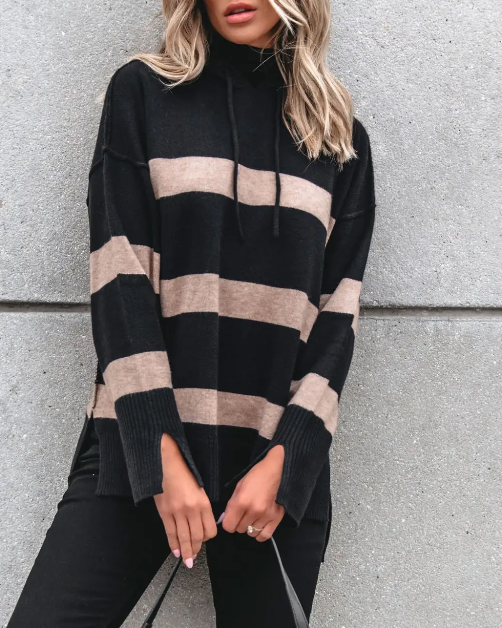 Muse By Magnolia Black and Taupe Striped Hooded Sweater