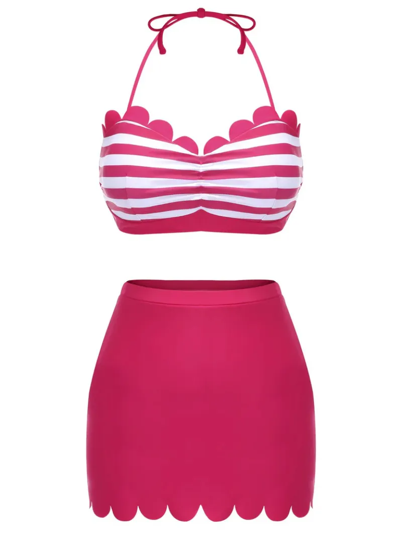 ROSE PINK 1960S STRIPES HALTER BIKINI SET