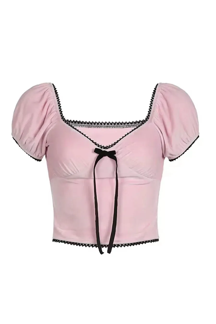 Y2K Coquette Soft Velour Short Puff Sleeve Crop Top With Contrast Bow Tie