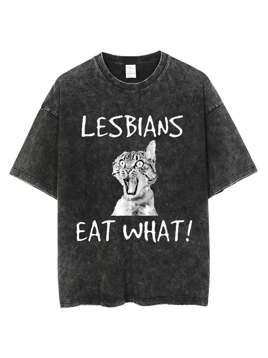 LESBIANS EAT WHAT? UNISEX OVERSIZED PRINT VINTAGE WASH DENIM T-SHIRT