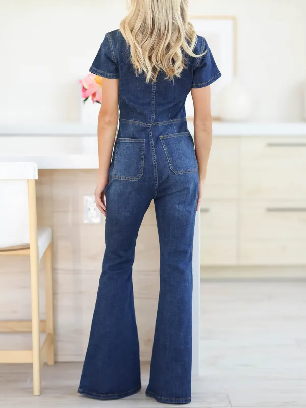 Dark washed short sleeved flared leg denim jumpsuit