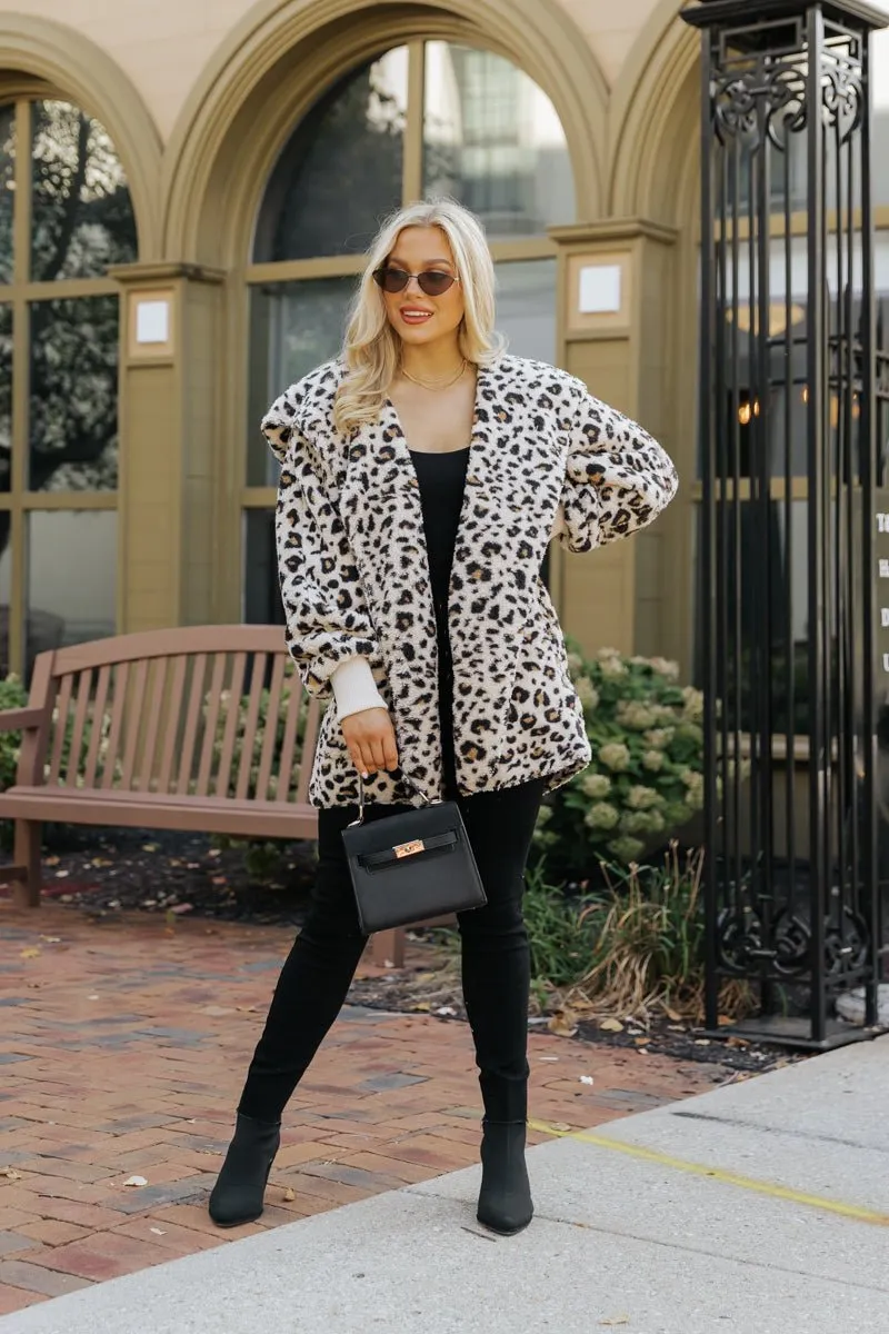 Tan Leopard Print Fur Hooded Jacket