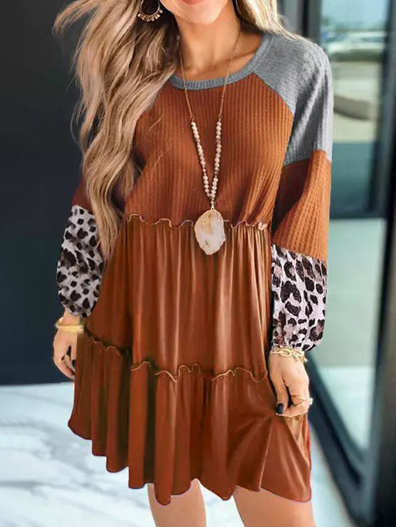 Brown Waffle Knit Leopard Patchwork Long Sleeve Dress