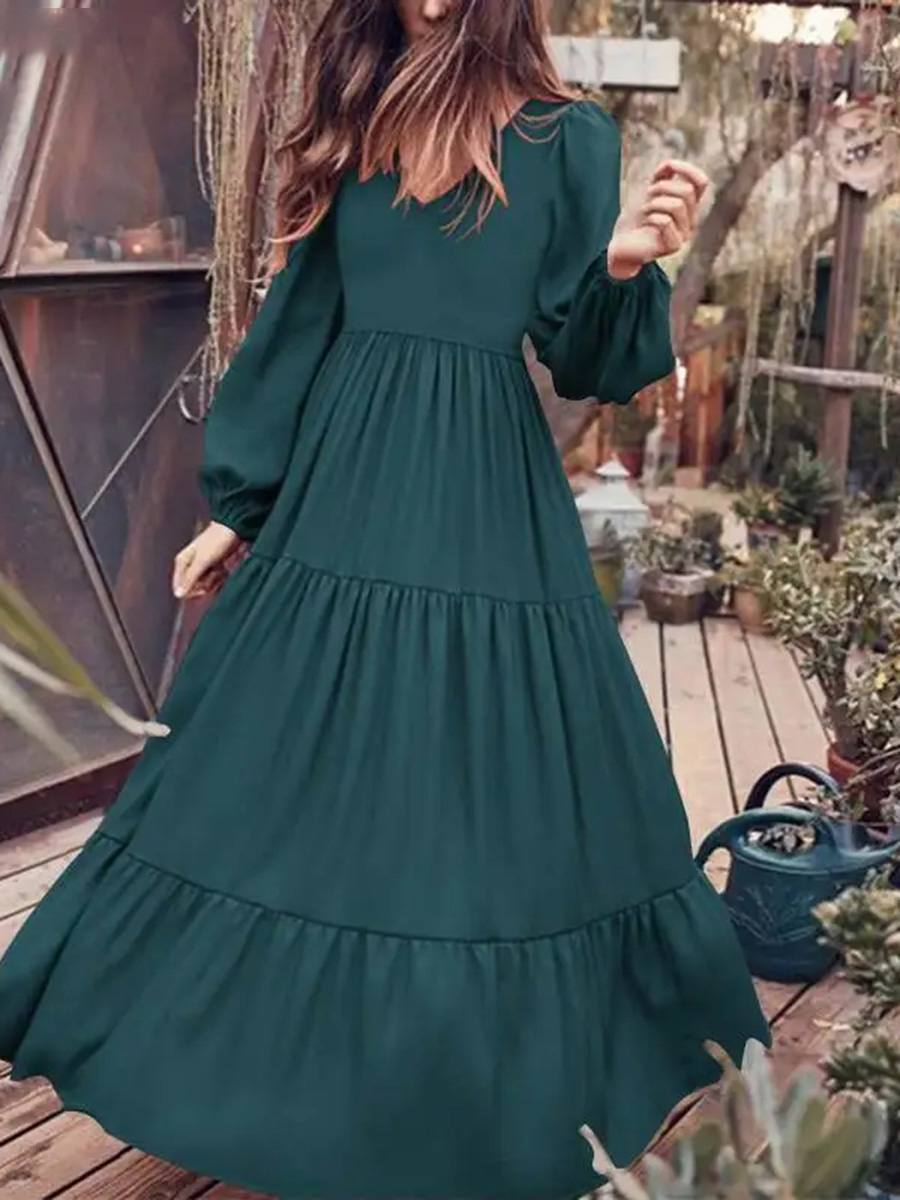 Women's Casual Swing V-neck Bubble Sleeve Long Pleated Dress