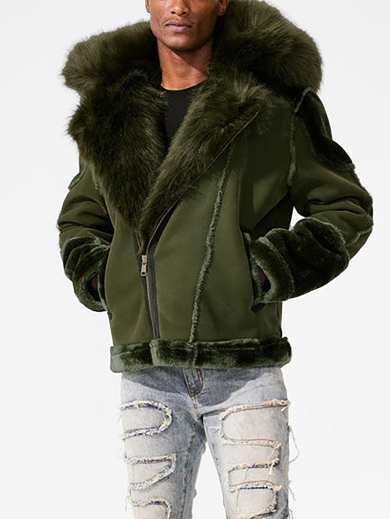 Men's Army Green Shearling Biker Jacket