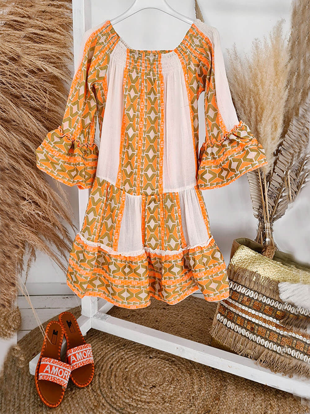 Linen blend ethnic print off-shoulde loose mini dress