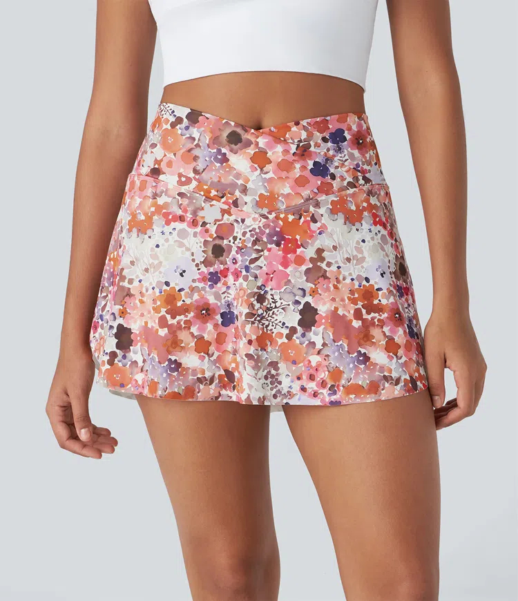 Crossover 2-in-1 Side Pocket Floral Print Pickleball Skirt