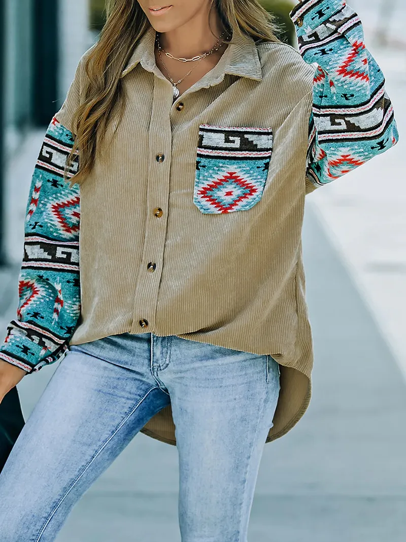 Casual retro printed patchwork corduroy jacket